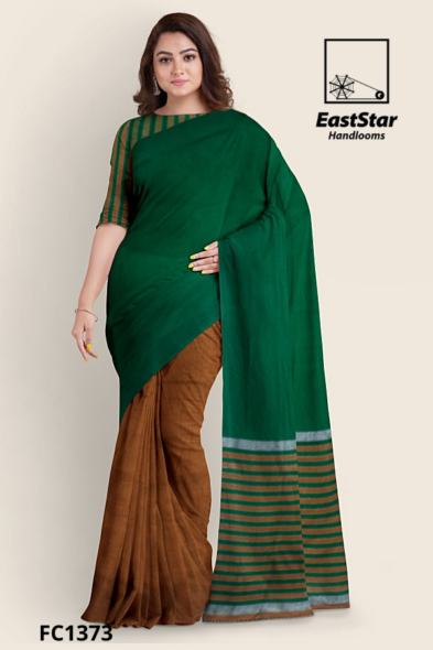 Green Brown Handloom Cotton Saree FC1373