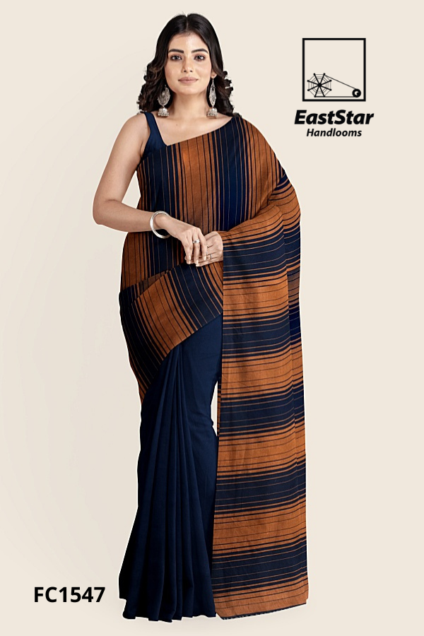 Navy Blue Rusty Brown Handloom Cotton Saree FC1547