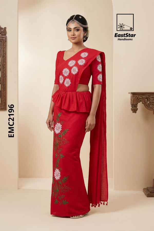 Red Handloom Embroidery Cotton Saree EMC2196