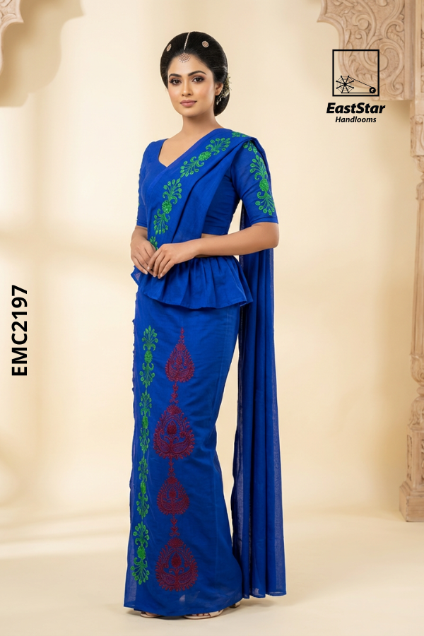 Blue  Handloom Embroidery Cotton Saree EMC2197