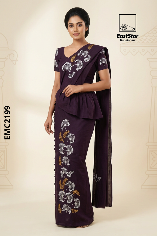 Deep plum Handloom Embroidery Cotton Saree EMC2199