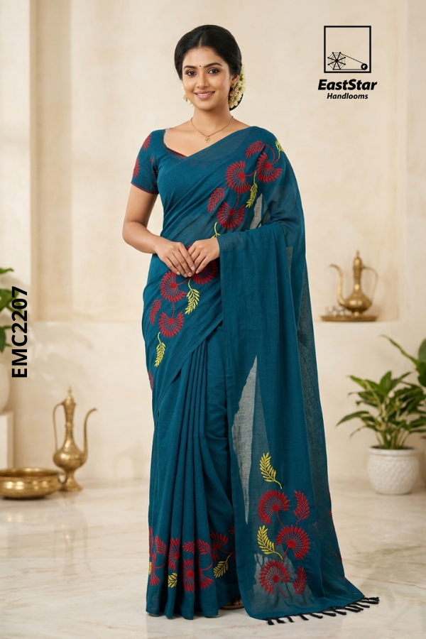 Peacock Blue Embroidery Cotton Saree EMC2207