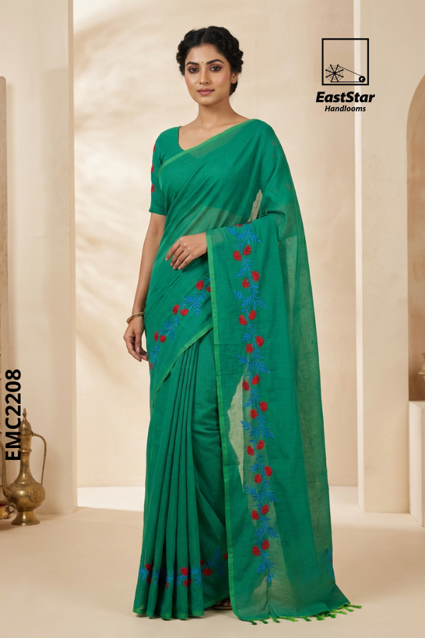 Green Embroidery Cotton Saree EMC2208