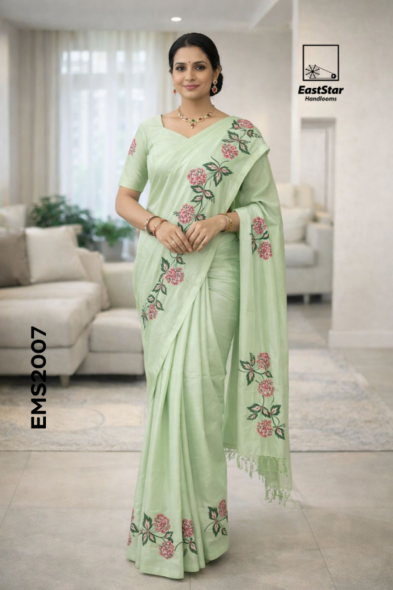Mint green floral Embroidery Rayon saree EMC2007
