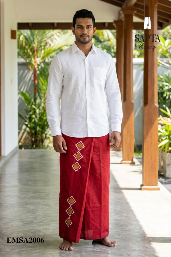 Deep Red SAPTA Handloom  Embroidery Cotton Sarong EMSA2006