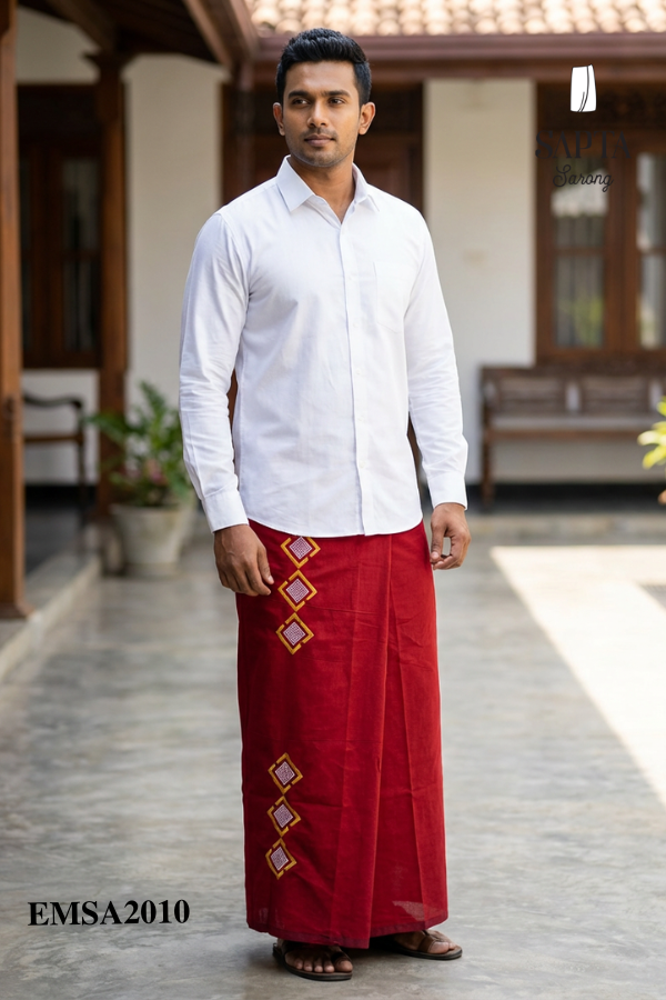 Deep Red SAPTA Handloom  Embroidery Cotton Sarong EMSA2010