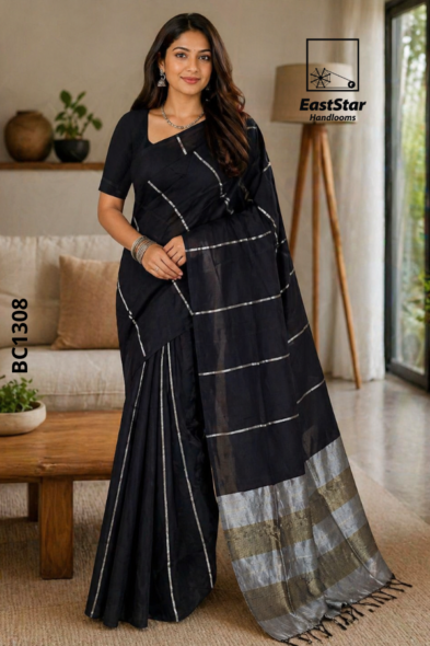 Black  Handloom Cotton Saree BC1308