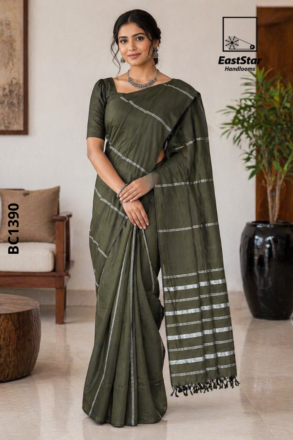 Olive Green Handloom Cotton Saree BC1390