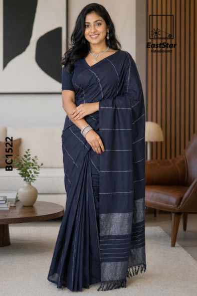 Navy Blue Handloom Cotton Saree BC1522