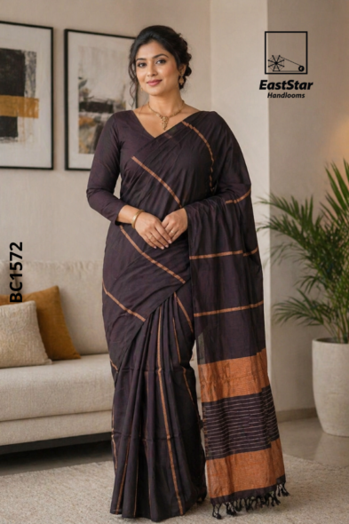 Deep Brown Handloom Cotton Saree BC1572