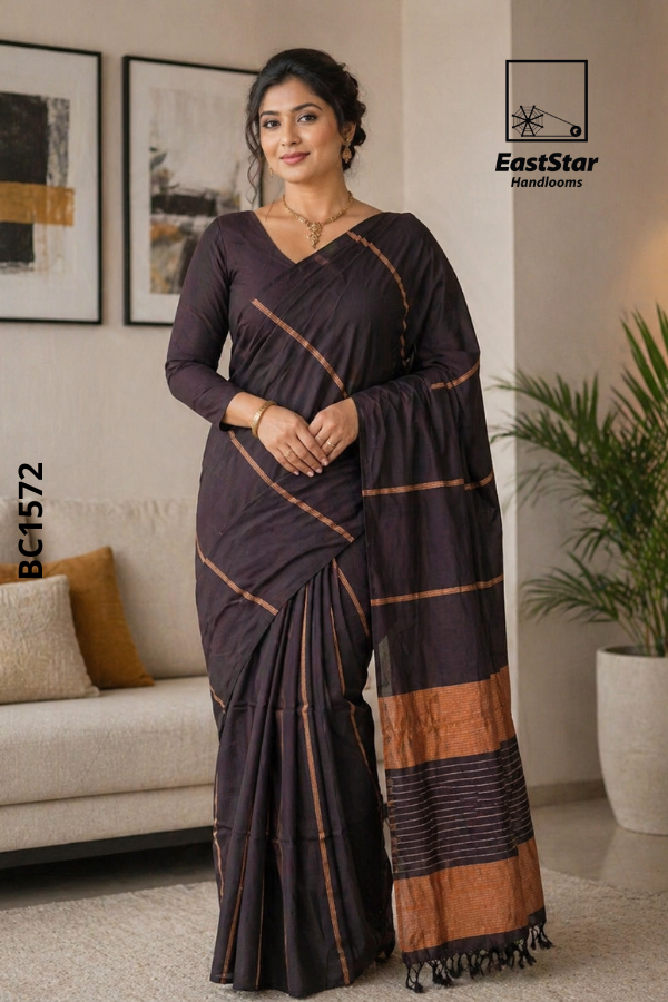 Deep Brown Handloom Cotton Saree BC1572
