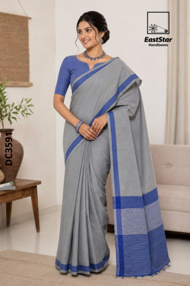 Soft Ash Grey Handloom Cotton  Saree DC3591