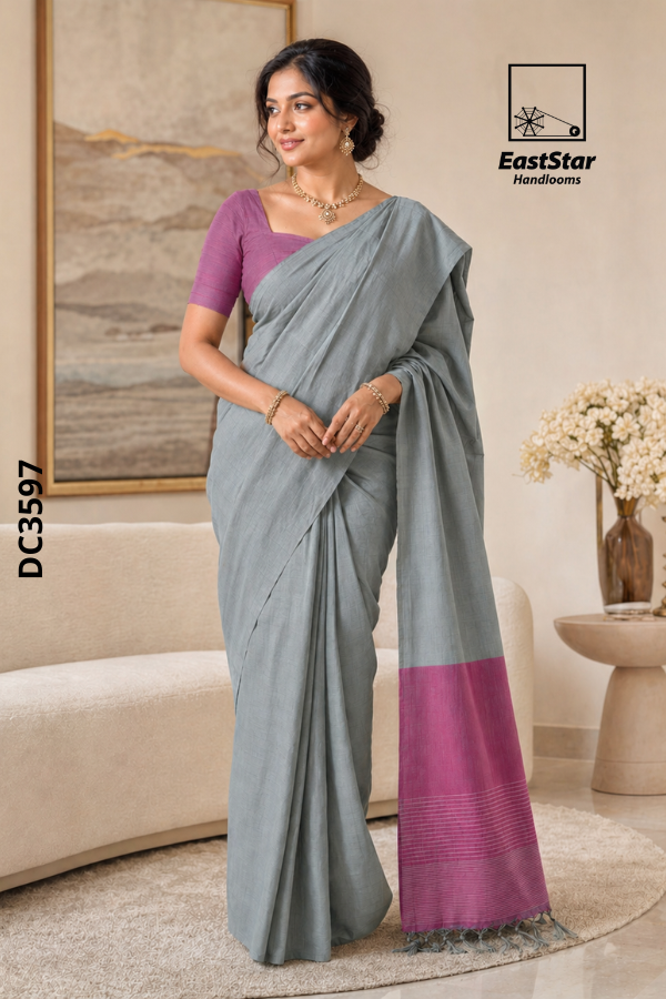 Ash-Grey Handloom Cotton  Saree DC3597