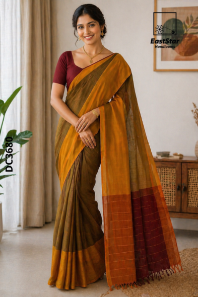 mustard orange Tone  Handloom Cotton  Saree DC3680