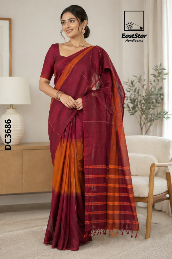 Maroon & orange tone  Handloom Cotton Saree DC3686