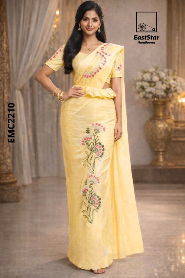 Sandal Handloom Embroidery Cotton Saree EMC2210