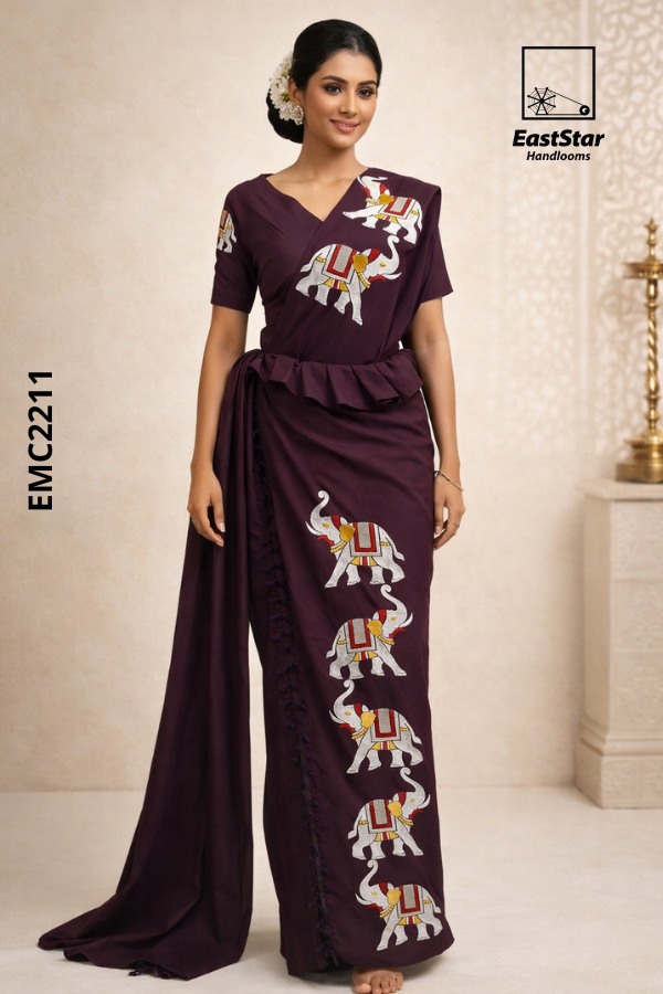 Burgundy  Embroidery Cotton Saree EMC2211