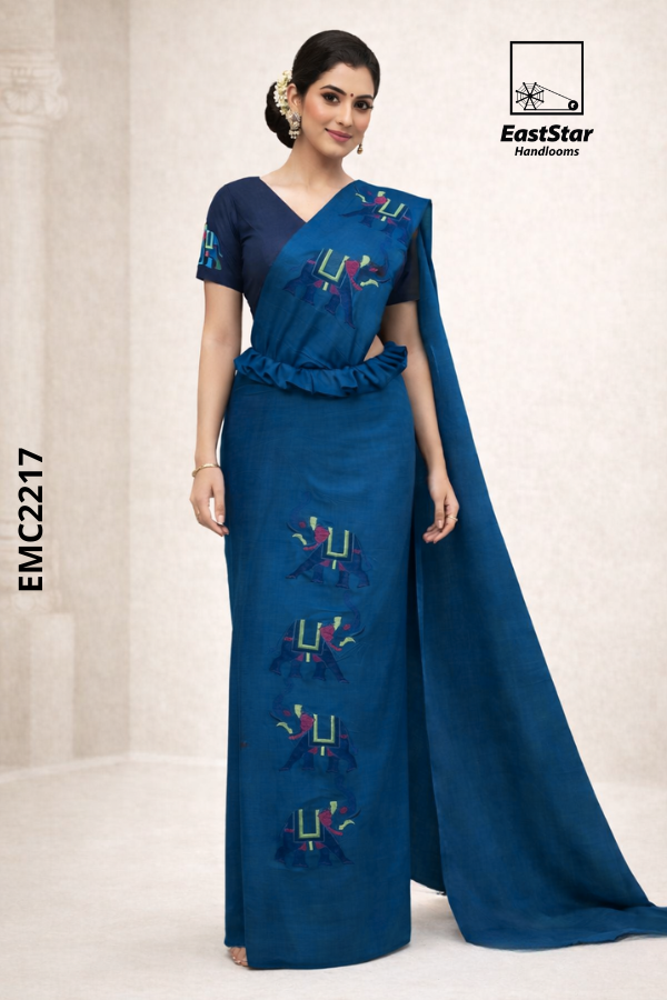 Rich Deep Teal Blue  Handloom Embroidery cotton Saree EMC2217