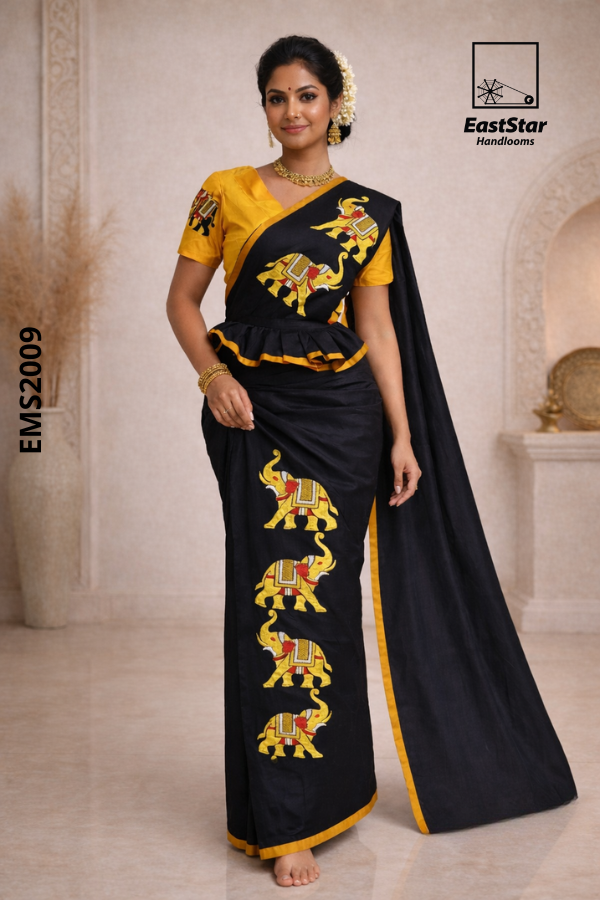 Black  handloom Embroidery Rayon saree EMS2009