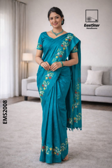 Teal floral handloom Embroidery Rayon saree EMS2008