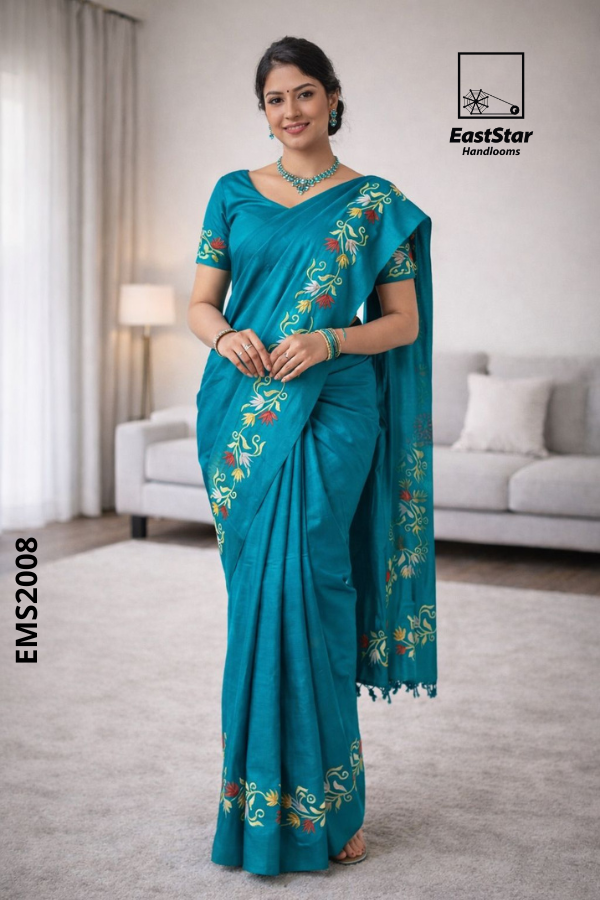 Teal floral handloom Embroidery Rayon saree EMS2008