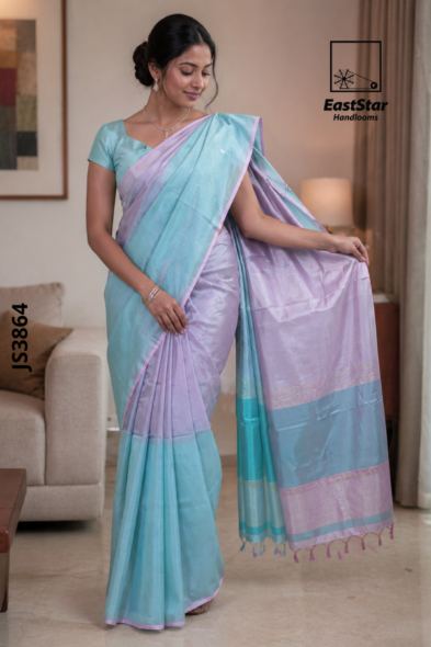 Aqua Blue And Pastel Lavender Handloom Silk Saree JS3864