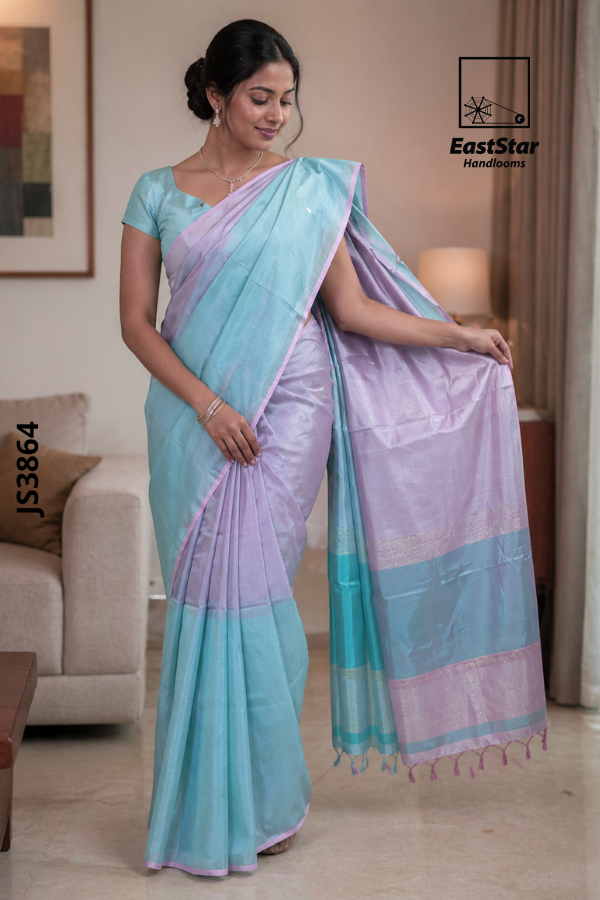 Aqua Blue And Pastel Lavender Handloom Silk Saree JS3864