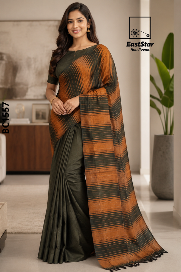 Deep Olive Green Handloom Cotton Saree BC1557