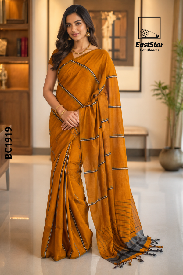 Mustard Orange Handloom Cotton Saree BC1919