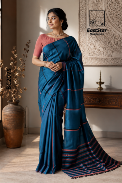Teal Blue Handloom Cotton Saree BC2075