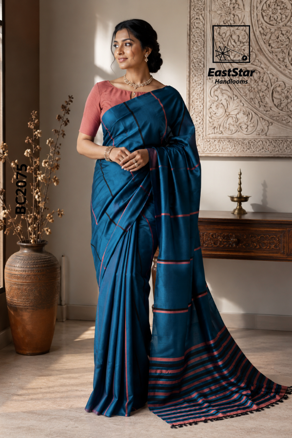 Teal Blue Handloom Cotton Saree BC2075