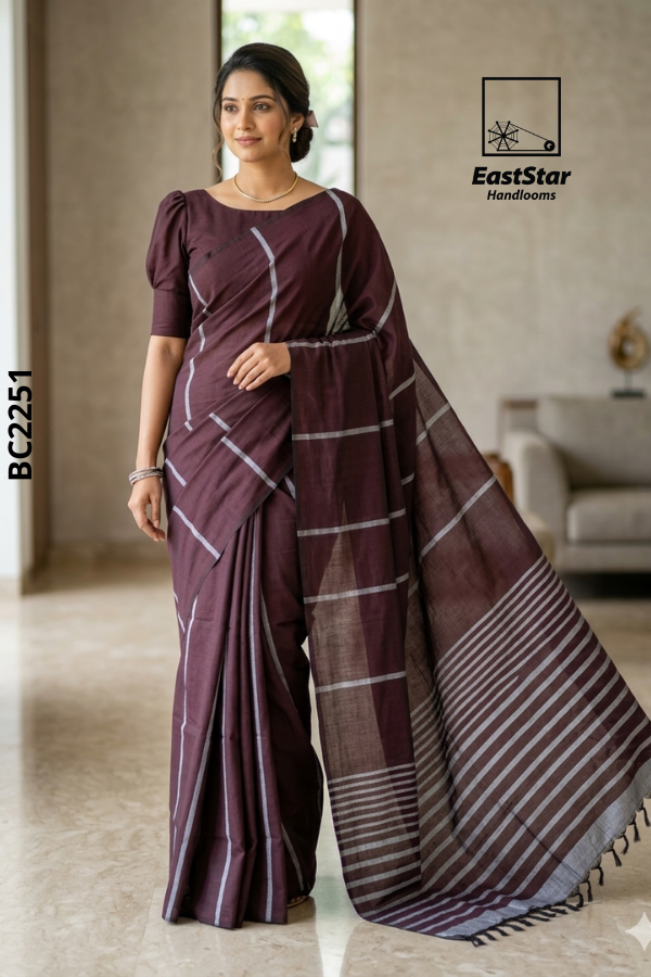 Deep Wine Burgundy Handloom Cotton Saree BC2251