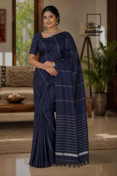 Deep Navy Blue Handloom Cotton Saree BC2482