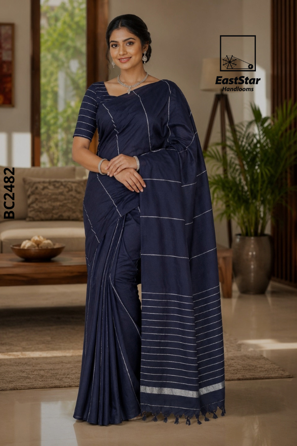 Deep Navy Blue Handloom Cotton Saree BC2482