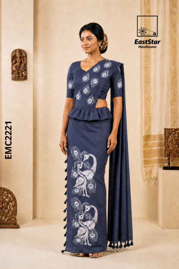 Dark Grey Handloom Embroidery cotton Saree EMC2221