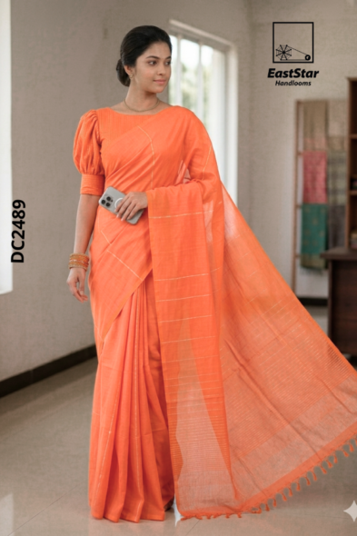 vibrant Orange  Handloom Cotton Saree DC2489