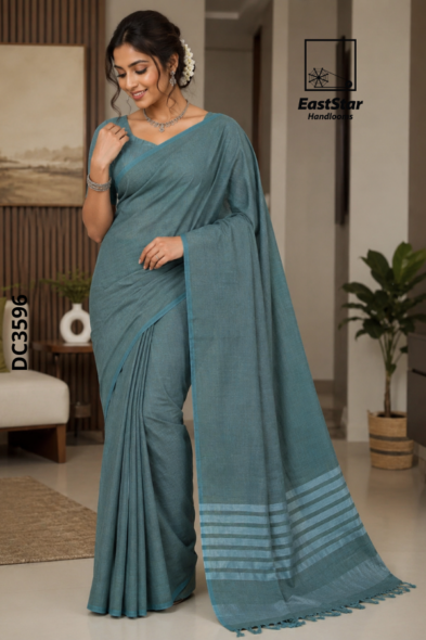 Dusty Teal Green Handloom Cotton  Saree DC3596