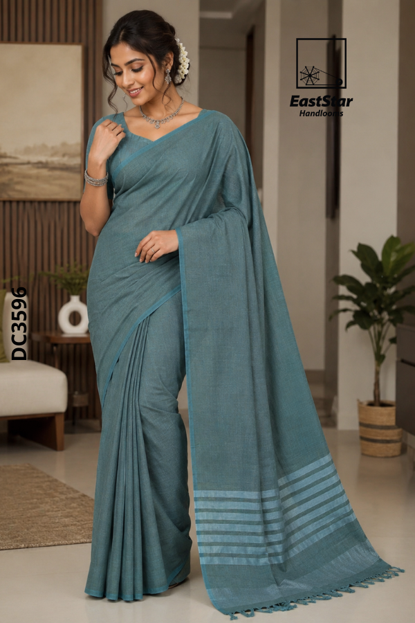 Dusty Teal Green Handloom Cotton Saree DC3596 Dusty Teal Green Handloom Cotton Saree DC3596