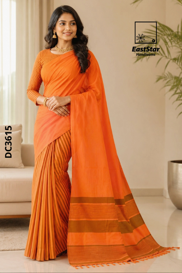 Vibrant Orange Handloom Cotton Saree DC3615