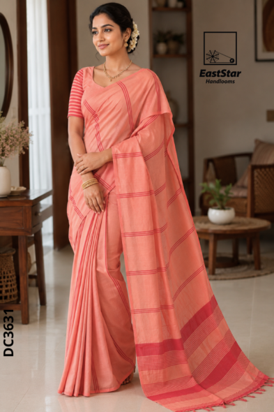 Peach-pink Handloom Cotton  Saree DC3631