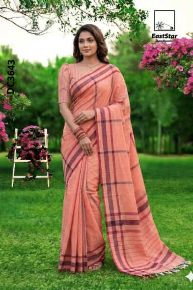 Peach  Handloom Cotton Saree DC3643