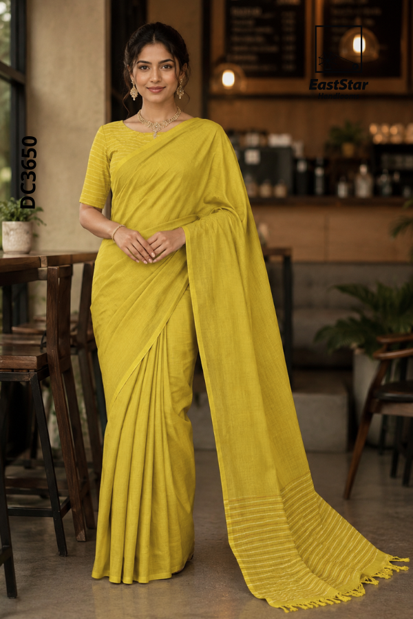 Mustard Yellow Green Handloom Cotton Saree DC3650 Mustard Yellow Green Handloom Cotton Saree DC3650