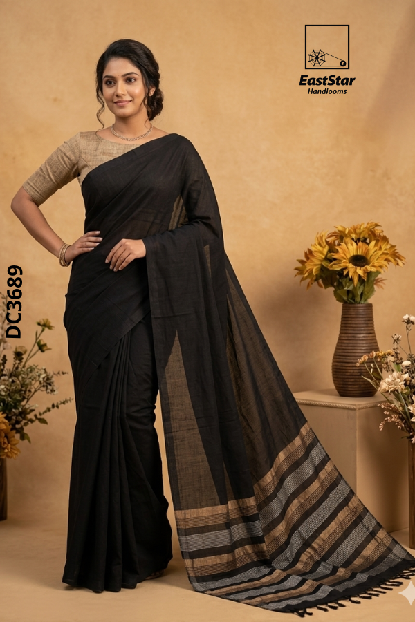 Black Handloom Cotton Saree DC3689