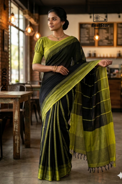 Black  Handloom Cotton Saree DC3700