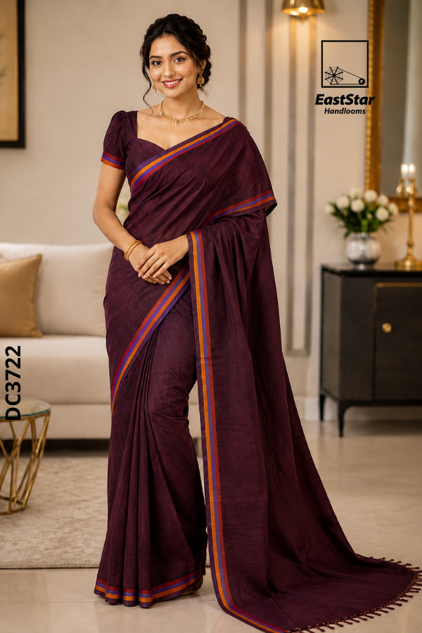 Marron Handloom Cotton Saree DC3722 Marron Handloom Cotton Saree DC3722