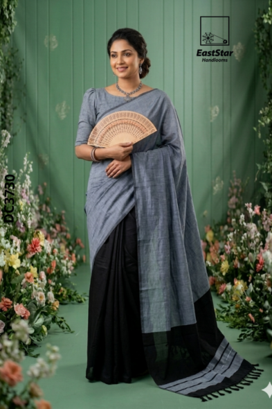 Gray With Black Handloom Cotton Saree DC3730