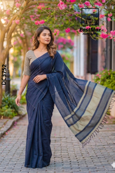 Navy Blue  Handloom Cotton Saree DC3752