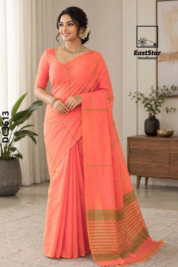 Peach-Coral Handloom Cotton Saree DC3613 Peach-Coral Handloom Cotton Saree DC3613