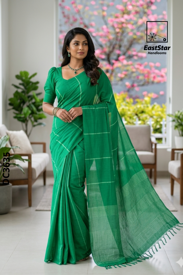 Green Handloom Cotton Saree DC3635 Green Handloom Cotton Saree DC3635