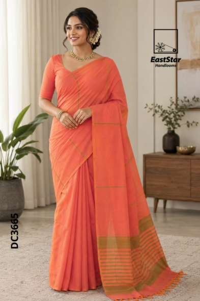 Peach-Orange  Handloom cotton Saree DC3665
